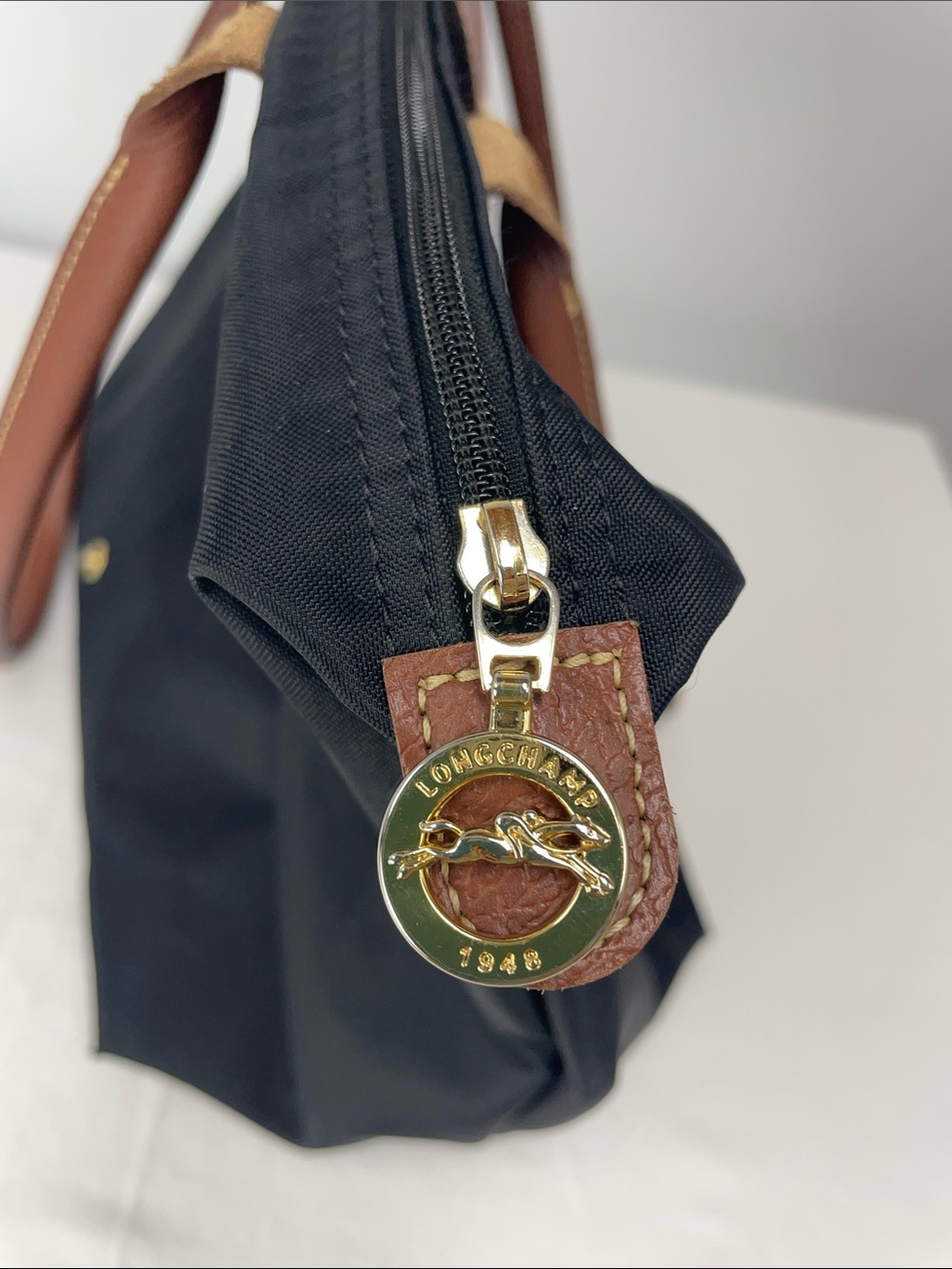 Longchamp Black Nylon Tote with Brown Leather Handles - Picture 4 of 10